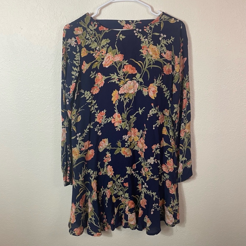 Uncle Frank Anthropologie Floral Long Sleeve V Back Dress size M Navy Pink USA‎